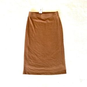 NWT Tan Camel Ribbed High Waisted Midi to Calf Bodycon Pencil Skirt, SOFT, Lined